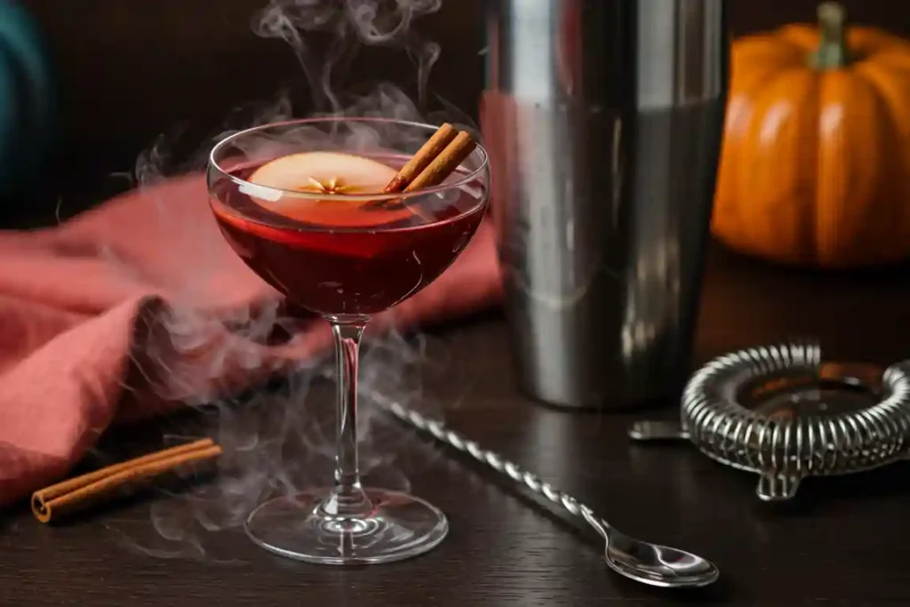 Ruby-red poisoned apple Halloween cocktail in coupe glass with dry ice fog, styled on dark wood with coral-pink linen and blue pumpkin accents.