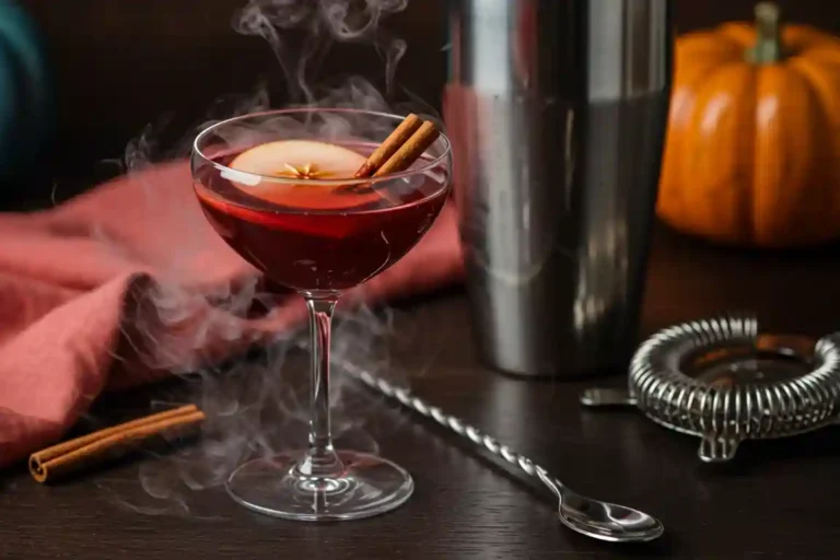 Ruby-red poisoned apple Halloween cocktail in coupe glass with dry ice fog, styled on dark wood with coral-pink linen and blue pumpkin accents.