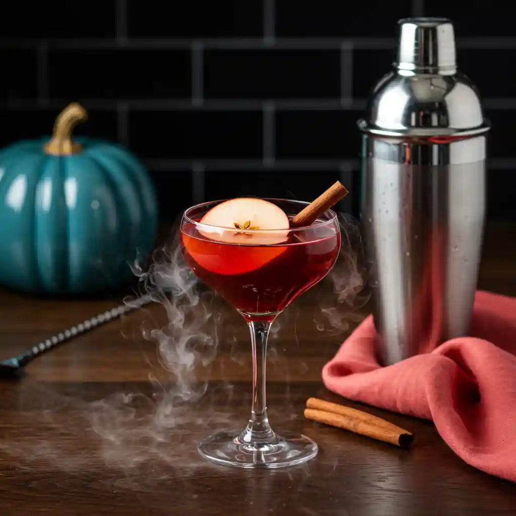 Poisoned Apple Halloween Cocktail in Moody Kitchen Ruby-red Poisoned Apple cocktail in a coupe with cinnamon stick on a dark walnut island beside a stainless shaker and coral napkin.