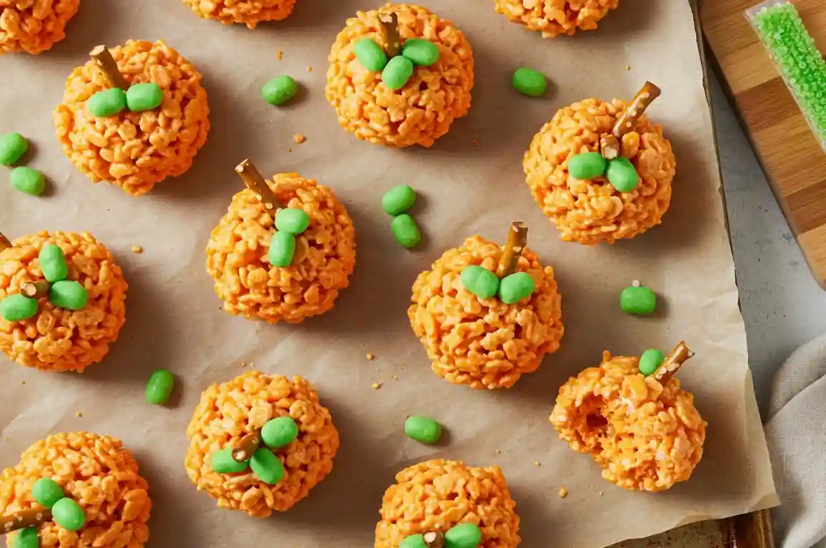 Pumpkin-Shaped Rice Krispie Treats Orange Rice Krispie pumpkins with pretzel stems and small green candy leaves