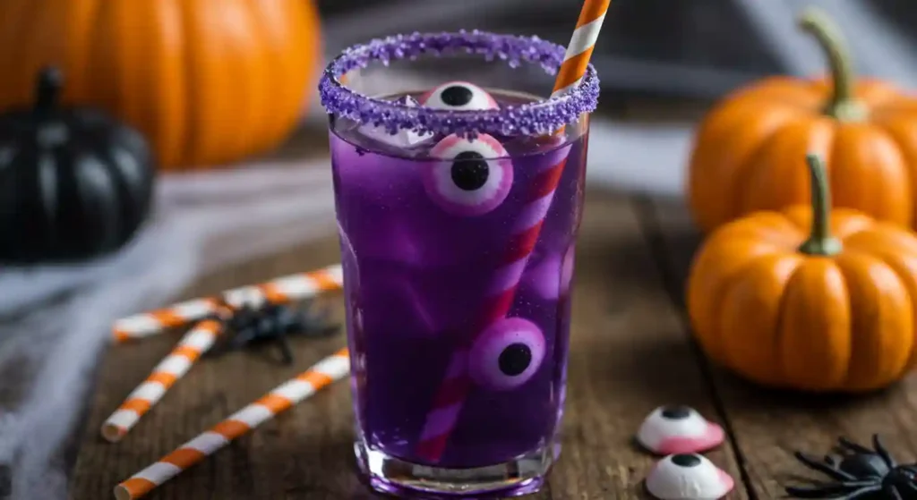 Glass of purple Halloween punch with candy eyeballs and purple sugar rim