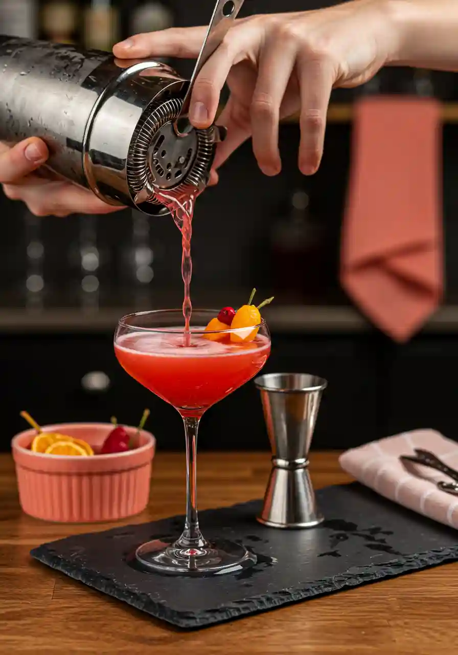 Shake Up This Spooky Apple Vodka Cocktail_compressed A hand shaking a metal cocktail shaker and pouring a crimson drink into a coupe glass, framed by Halloween textures and soft background colors in pink and blue.