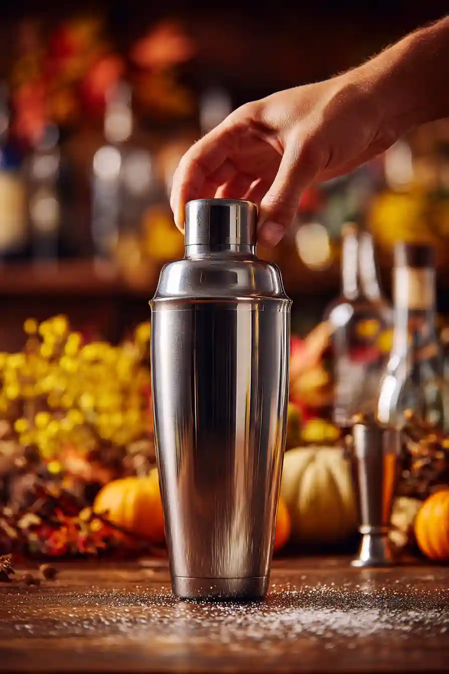Shaking the Candy Corn Cocktail_compressed Hand shaking a cocktail shaker with motion blur in Halloween setting