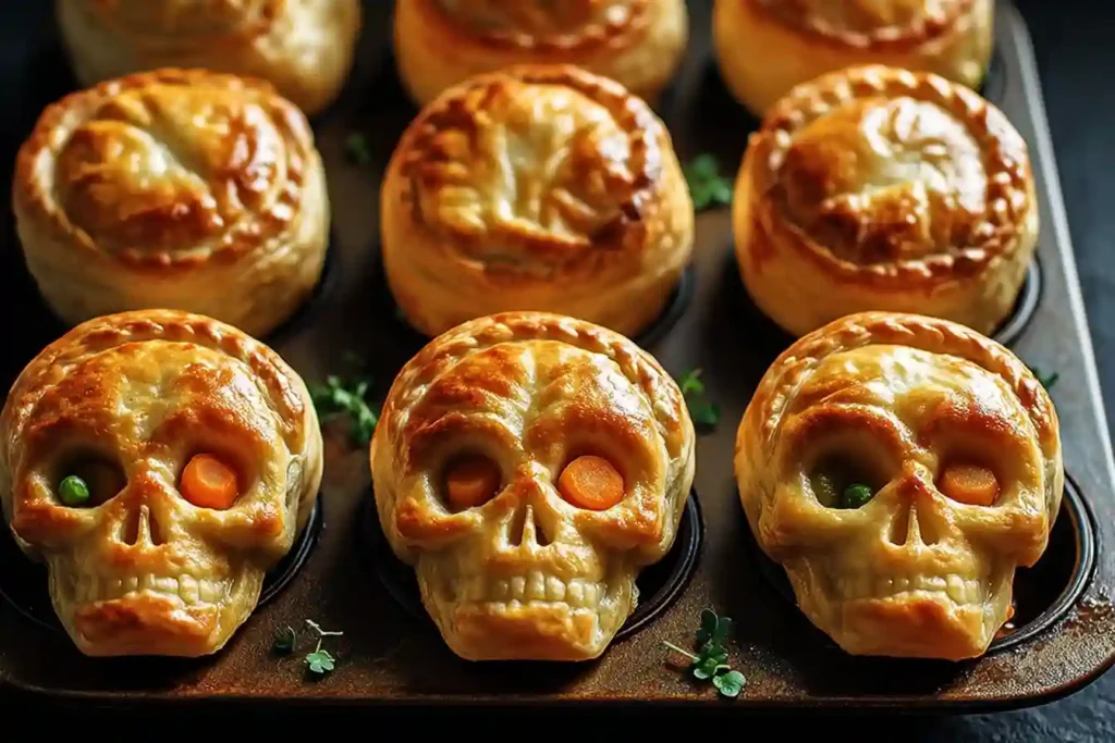 Skull-shaped chicken pot pies baked golden and served on dark Halloween plates with spooky garnishes