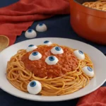 Spaghetti with mozzarella eyeballs styled with coral red and deep blue accents