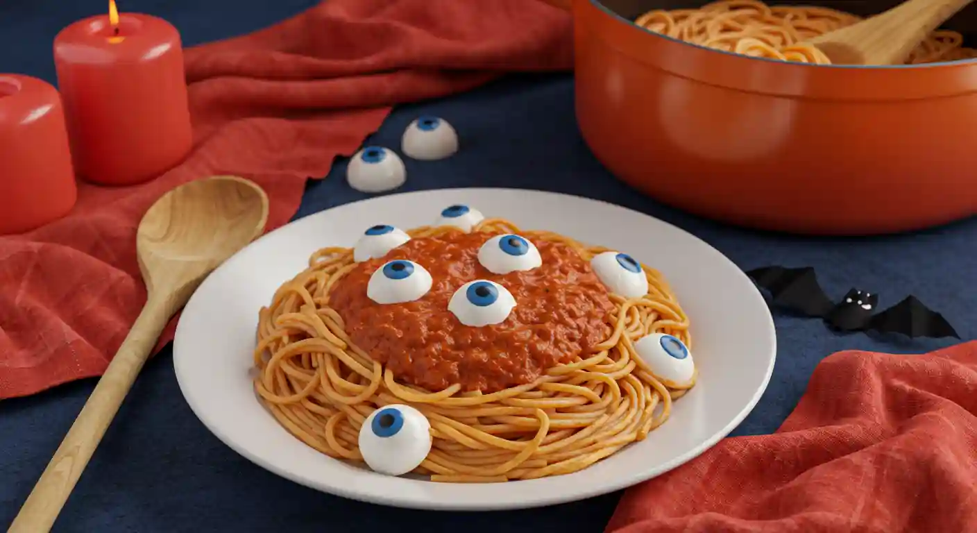 Spaghetti with mozzarella eyeballs styled with coral red and deep blue accents