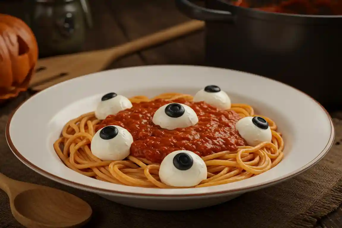Spaghetti with Mozzarella Eyeballs Spaghetti in tomato sauce topped with mozzarella eyeballs and black olive pupils.