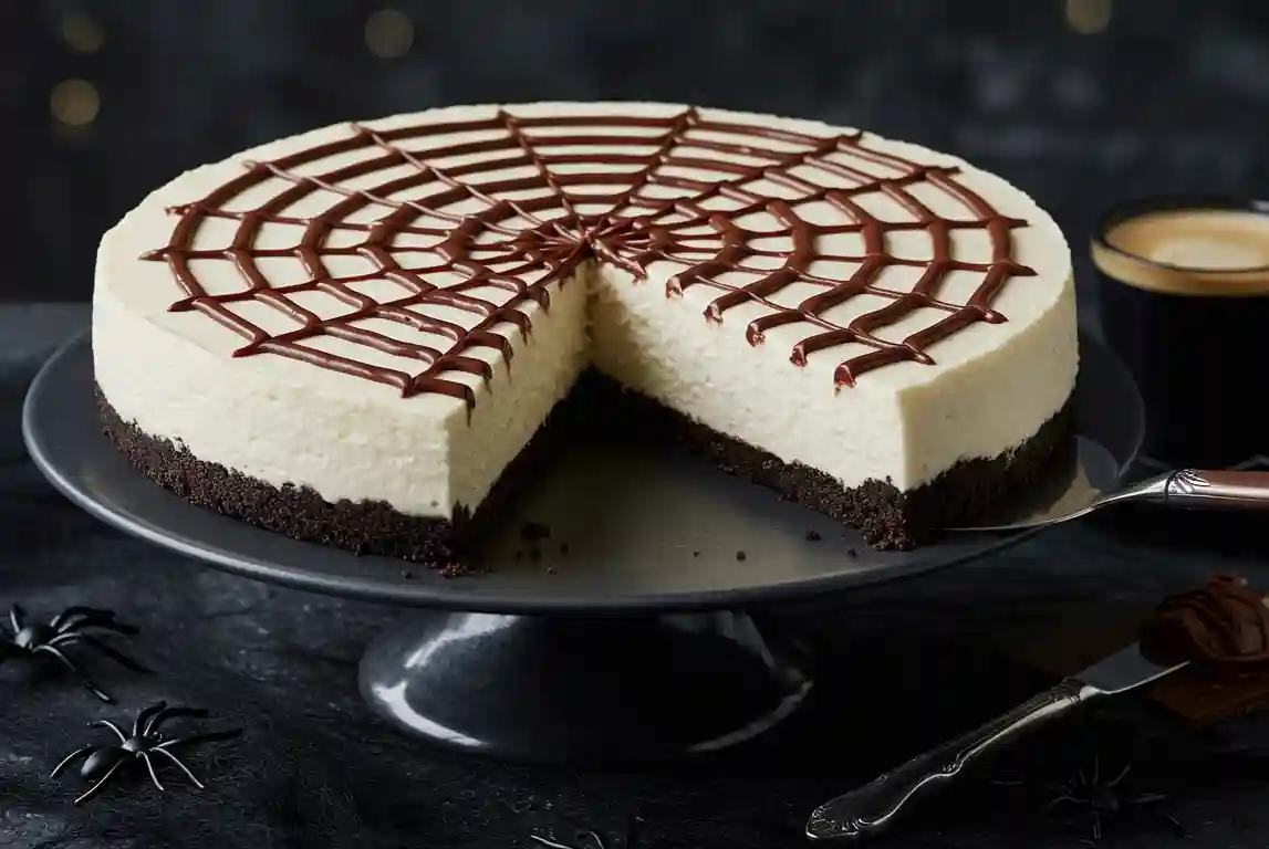 Spider Web Cheesecake Spider-web cheesecake with chocolate web and a slice cut, styled on a black cake stand