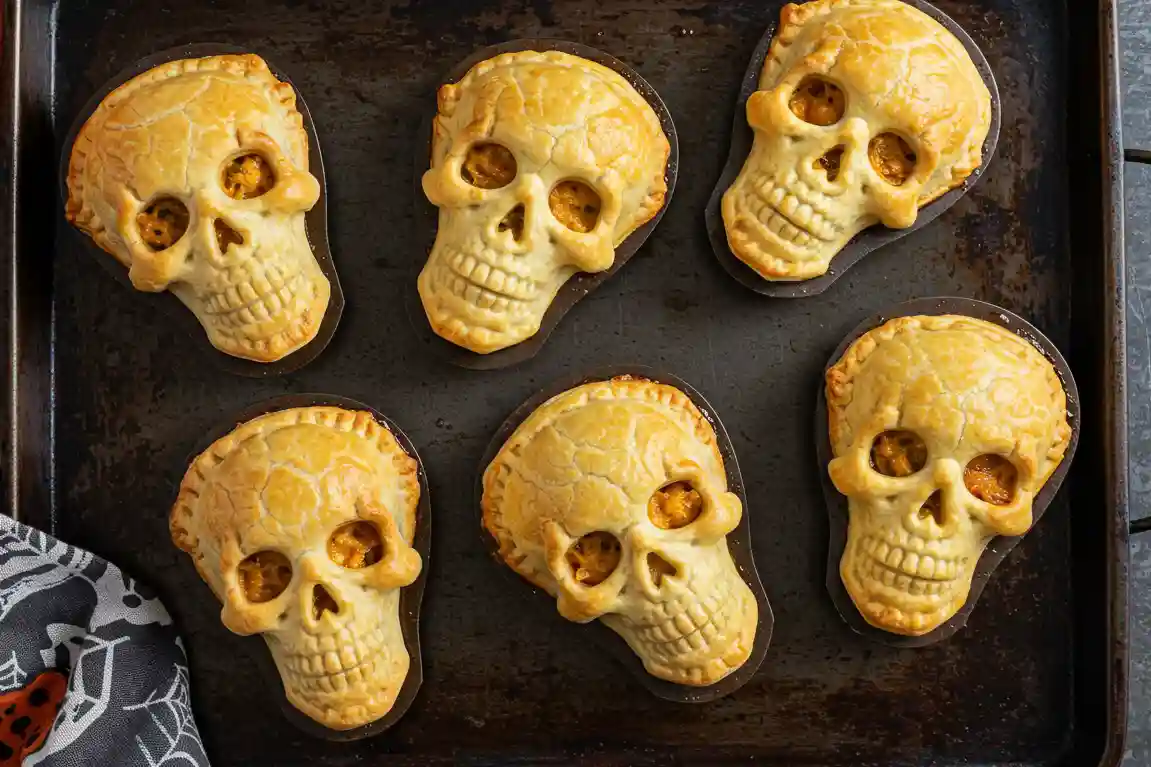 Spooky Skull Chicken Pot Pies Golden skull-shaped chicken pot pies baked in molds.