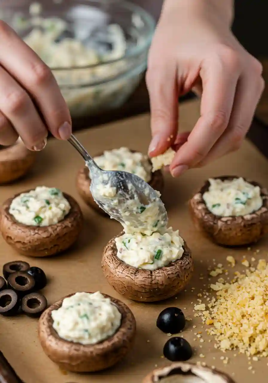 Stuffing the Ghoulish Mushroom Caps Close-up of stuffing mushroom caps with creamy filling for Halloween recipe
