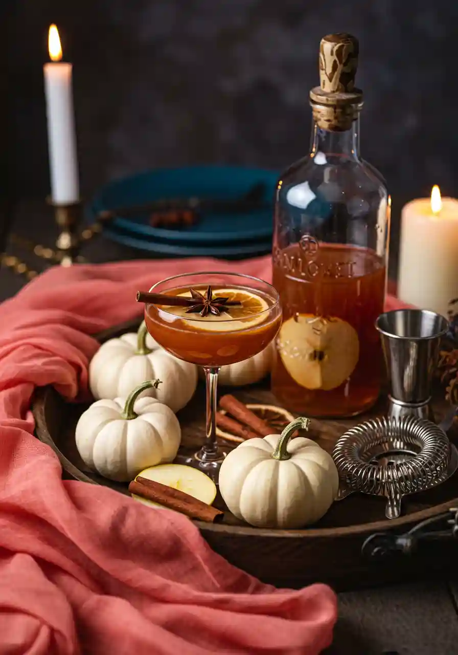 This Poisoned Apple Cocktail Is Wickedly Beautiful_compressed Finished Halloween cocktail in a coupe glass with a cinnamon stick and apple slice, resting on a rustic tray styled with sheer coral fabric and a blue ceramic prop in the background.