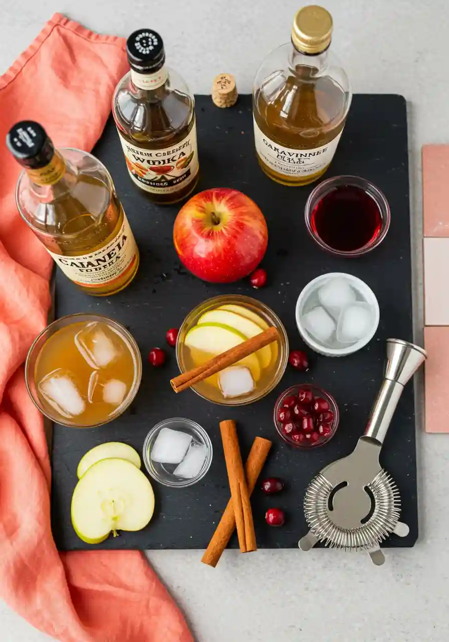 What You Need for the Perfect Poisoned Apple Drink_compressed Neatly arranged cocktail ingredients including caramel vodka, apple cider, and cranberry juice, surrounded by a shaker, coupe glass, and linens in coral and periwinkle hues.