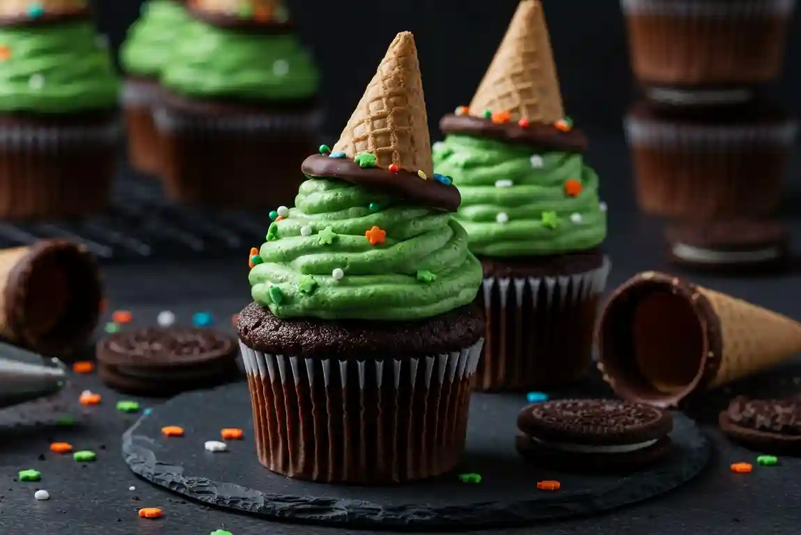 Witch Hat Cupcakes Chocolate cupcakes topped with green frosting, Oreo brims, and chocolate-dipped sugar cone hats