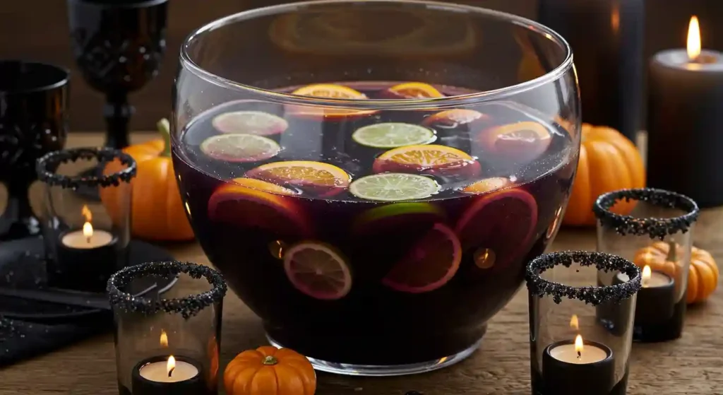 Halloween punch recipe in a glass bowl with citrus and sugar-rimmed glasses