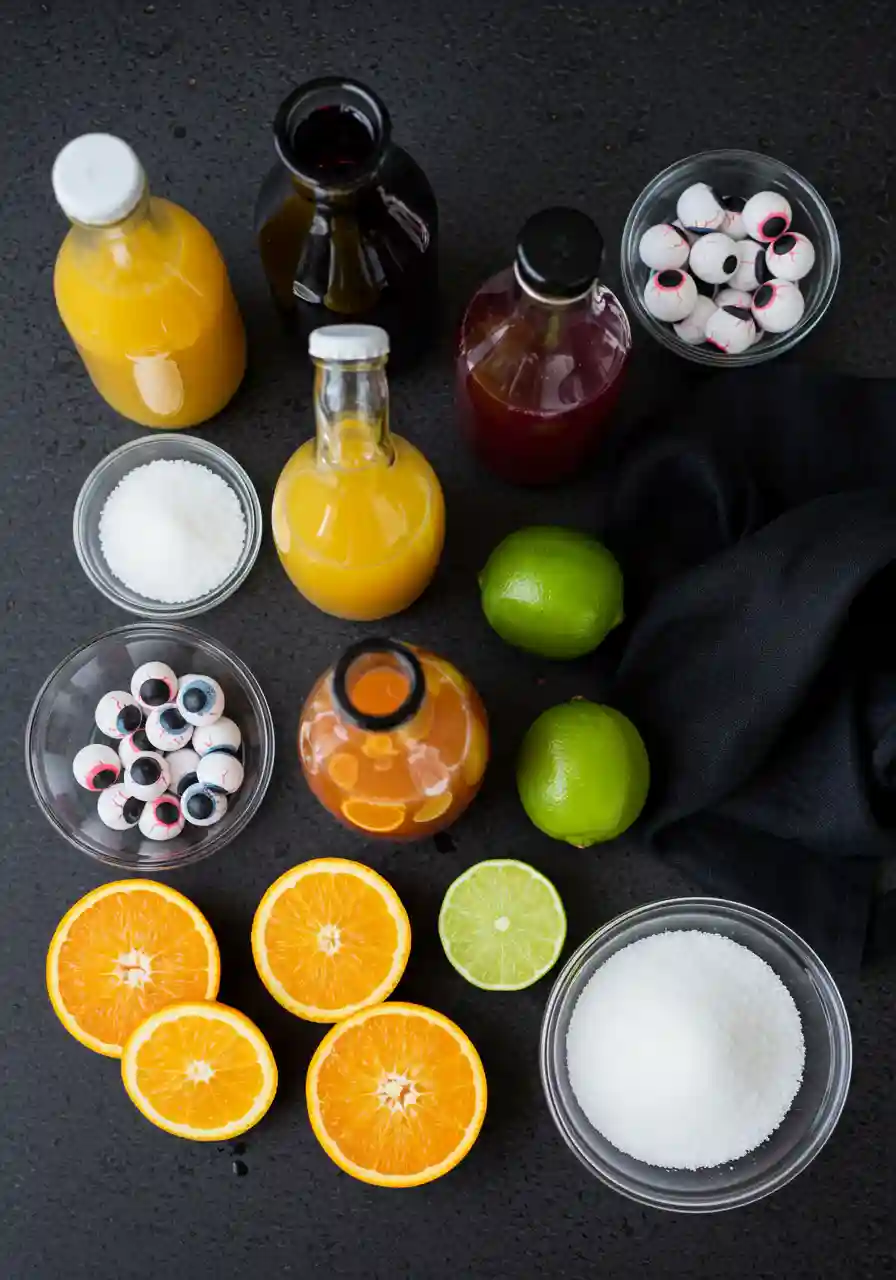 Halloween Punch Recipe Ingredients Flatlay of ingredients for Halloween punch recipe with grape juice, orange juice, lime, and ginger ale