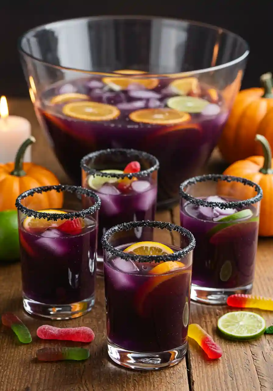 Serving Halloween Punch Recipe in Glasses Halloween punch recipe served in sugar-rimmed glasses with citrus and gummy worms