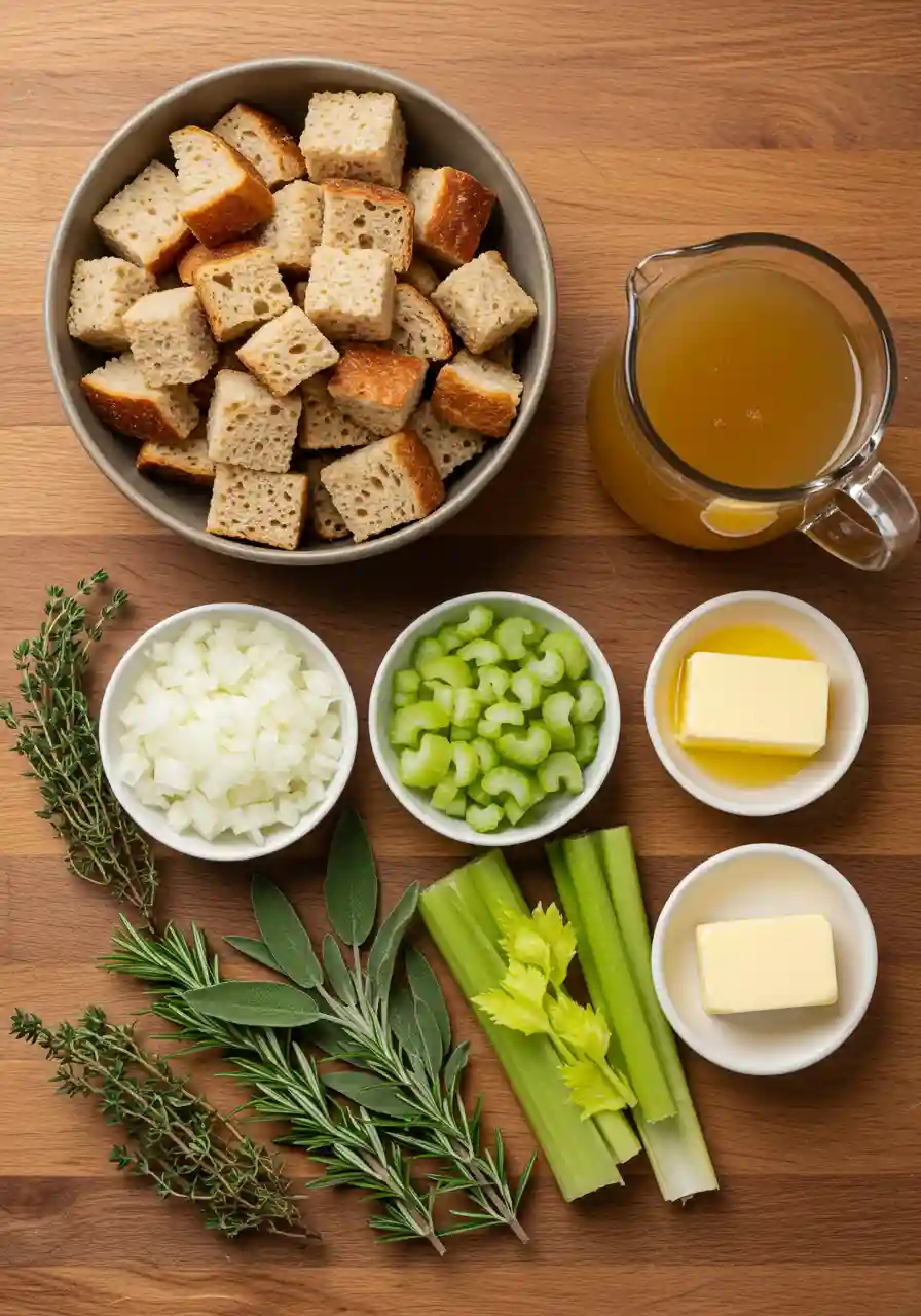 thanksgiving-stuffing-ingredients-flatlay Flatlay of cubed bread, onion, celery, herbs, butter, and broth for stuffing