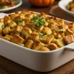 Golden brown Thanksgiving stuffing recipe in a white ceramic baking dish