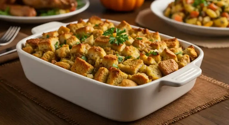 Golden brown Thanksgiving stuffing recipe in a white ceramic baking dish