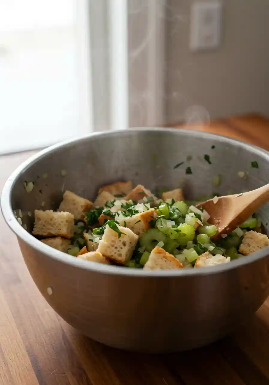 thanksgiving-stuffing-recipe-mixing Bread cubes mixed with sautéed onion, celery, and herbs for stuffing