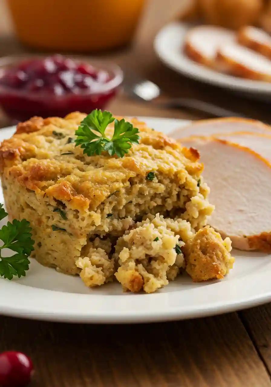 thanksgiving-stuffing-recipe-serving Plated serving of Thanksgiving stuffing with turkey and cranberry sauce