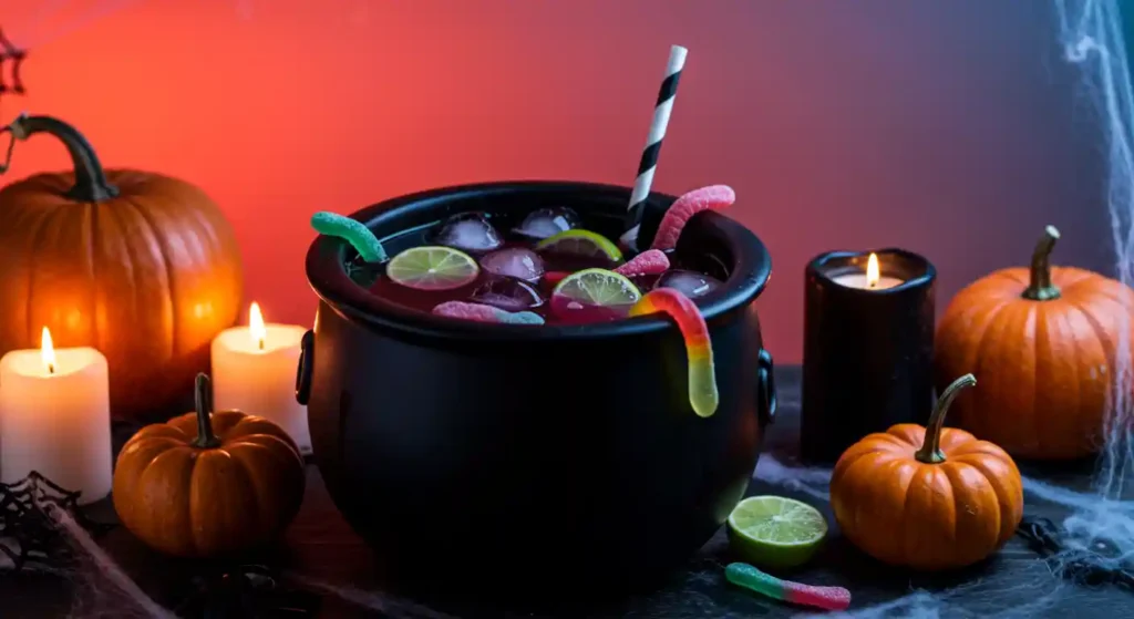 Witch’s Potion Punch in a cauldron with gummy worms, coral-red and blue background