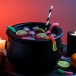 Witch’s Potion Punch in a cauldron with gummy worms, coral-red and blue background