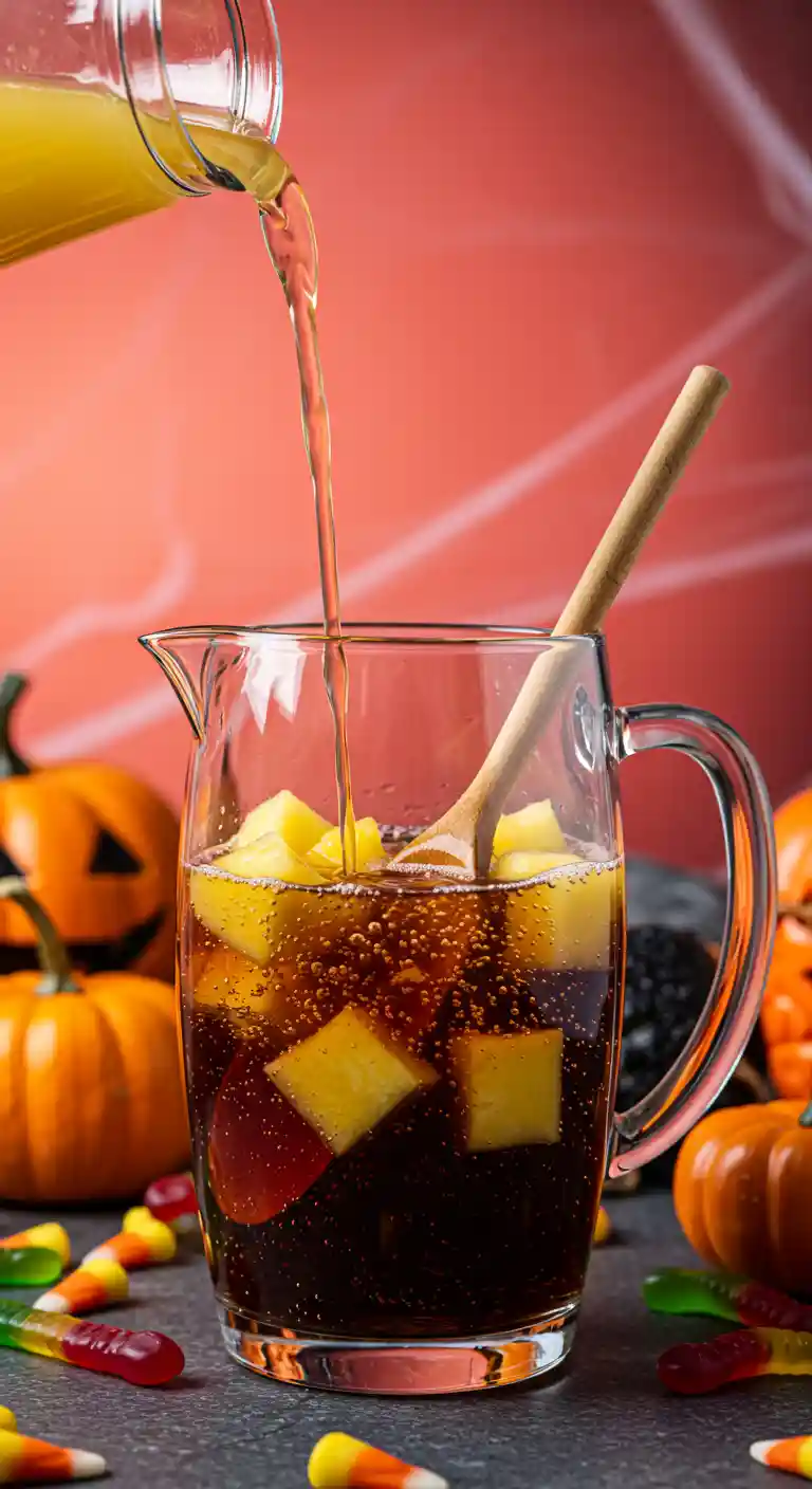 Mixing Witch’s Potion Punch Base Mixing punch with coral-red and blue festive background