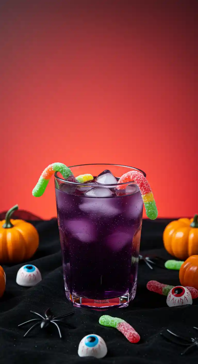 Witch’s Potion Punch Serving Glass Punch glass with gummy worms, coral-red and blue background