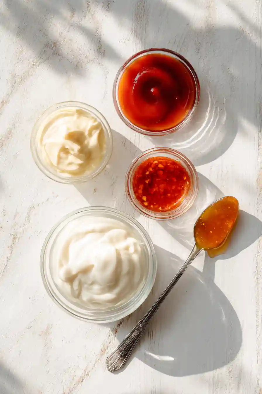 Bang Bang Sauce Ingredients Laid Out Overhead Flat lay of mayonnaise, Thai chili sauce, Sriracha, and honey on a marble board