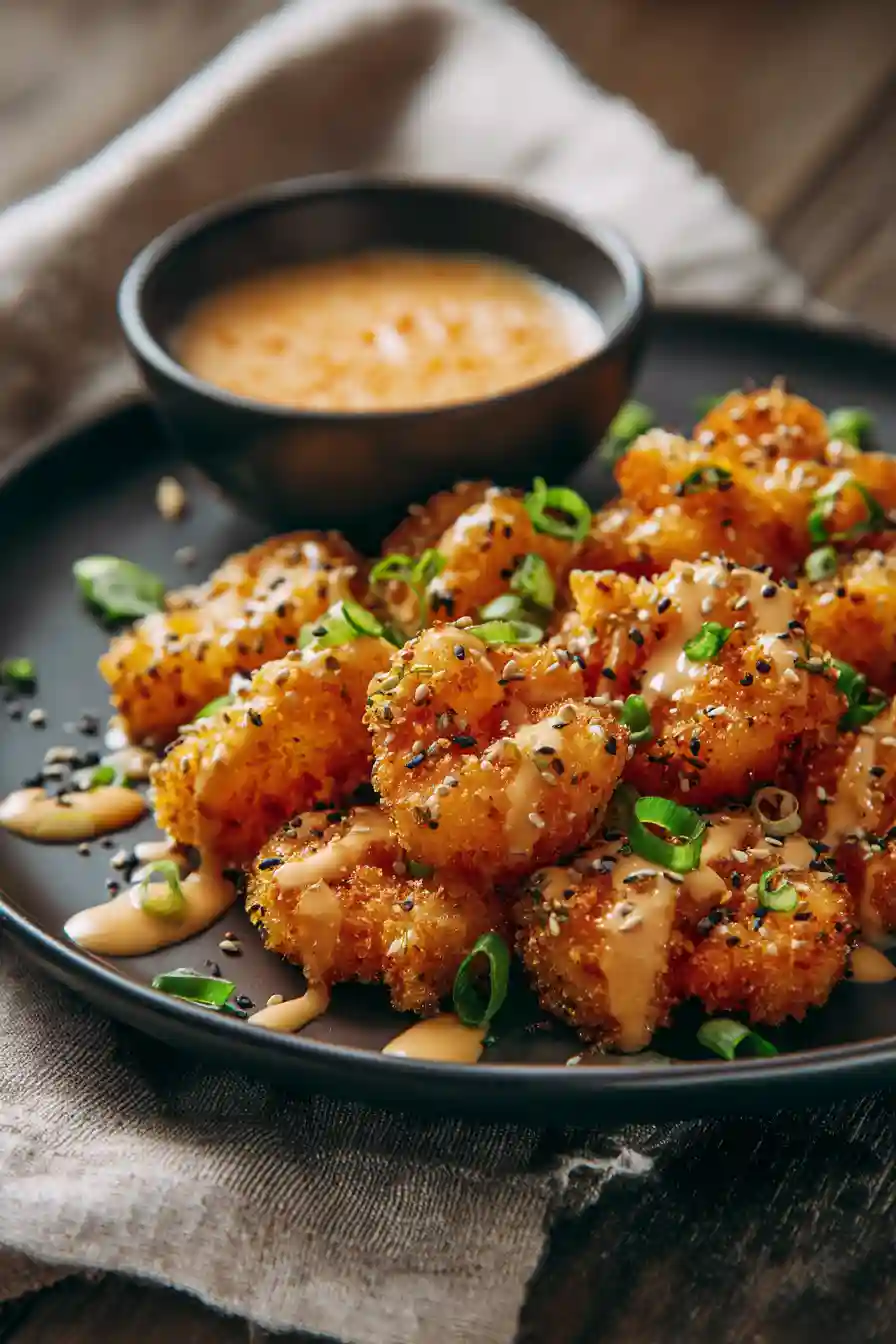 Bang Bang Shrimp Drizzled with Sauce Bang Bang Sauce drizzled over crispy shrimp with sliced green onions and dipping bowl