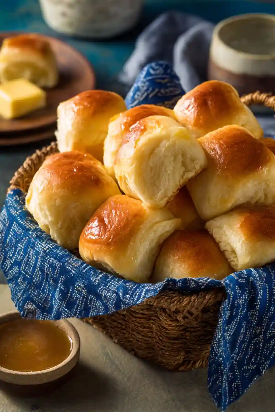 Basket of Texas Roadhouse Rolls Warm Texas Roadhouse rolls in a basket with blue napkin and cinnamon butter.
