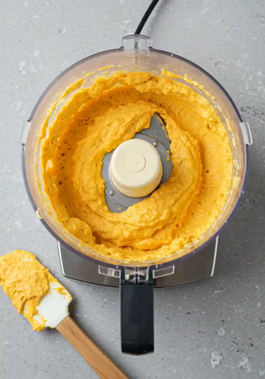 Blending Pumpkin Whipped Feta in Food Processor Pumpkin whipped feta dip blending in food processor