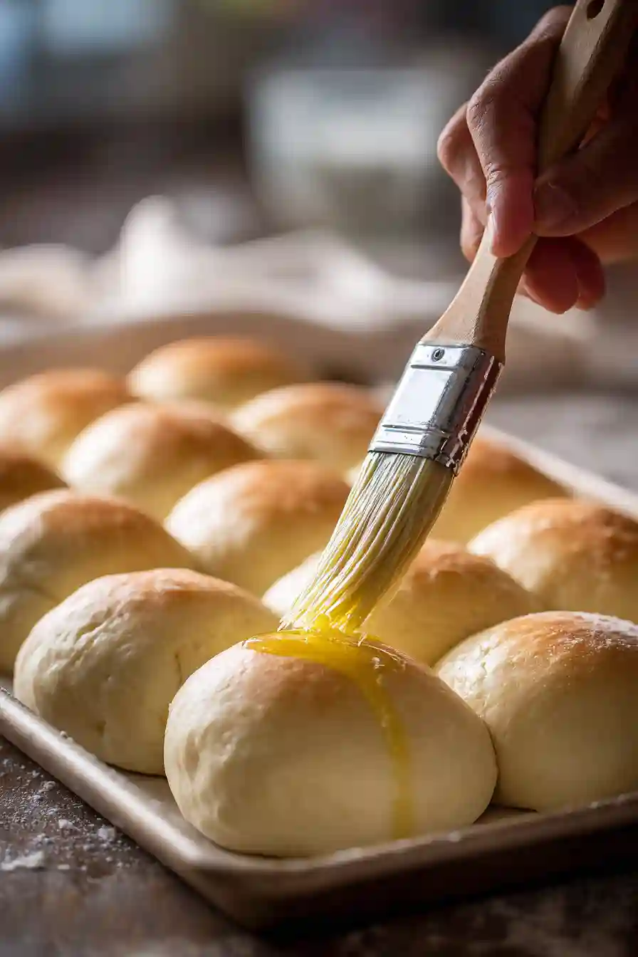 Brushing Butter on Roll Dough Dough squares for Texas Roadhouse rolls being brushed with melted butter.