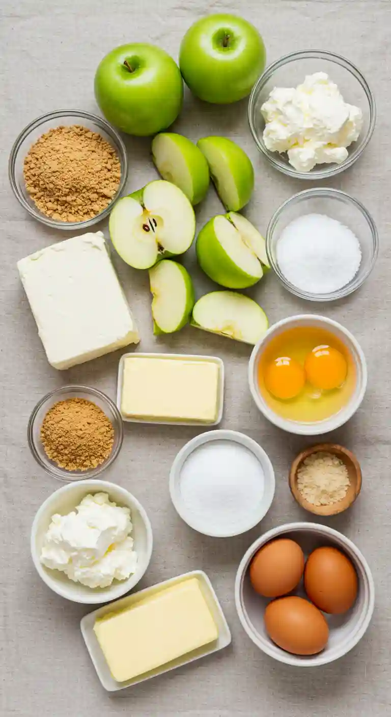 Cheesecake Ingredients Flatlay Flatlay of apples, cream cheese, graham cracker crumbs, sugar, and butter arranged on a rustic table.