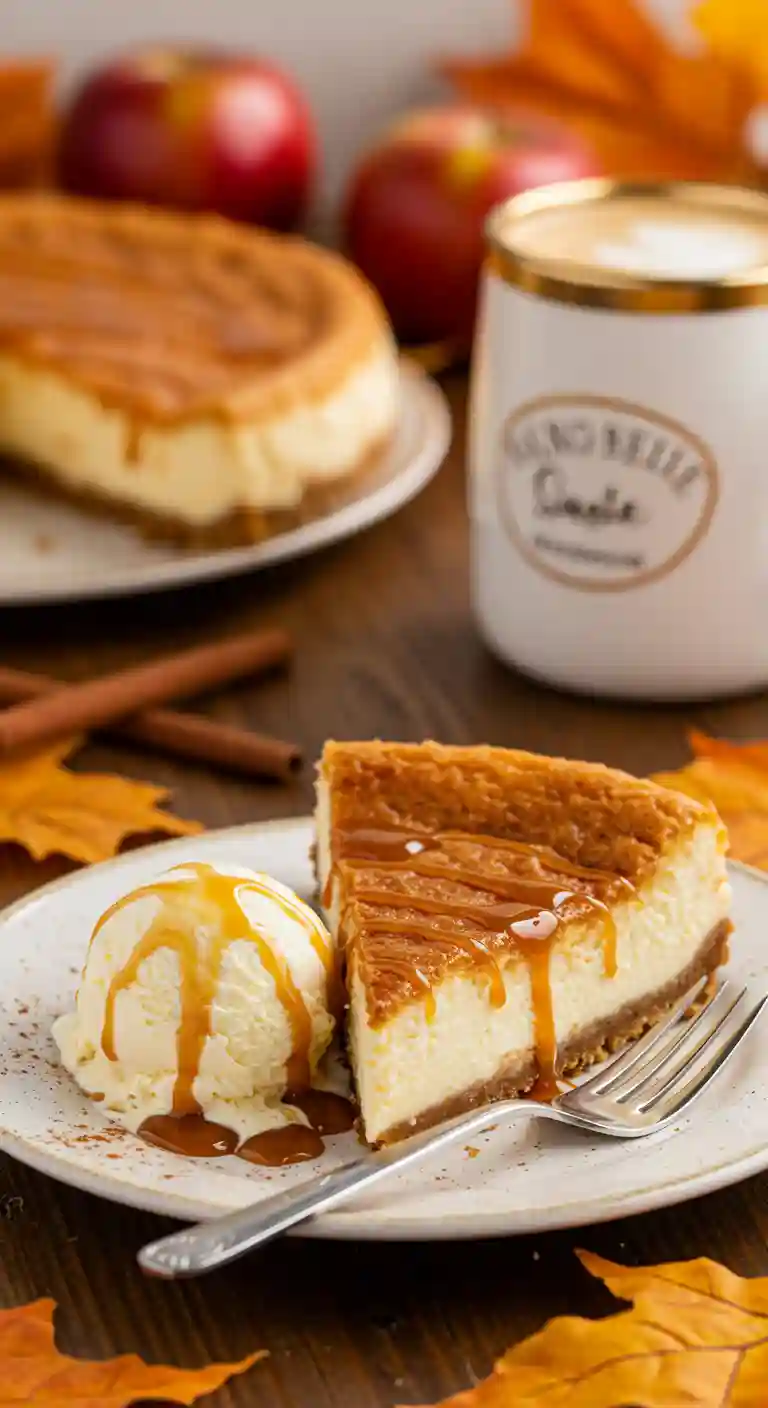 Cheesecake Slice with Ice Cream A slice of salted caramel apple pie cheesecake with vanilla ice cream and caramel drizzle on a plate.