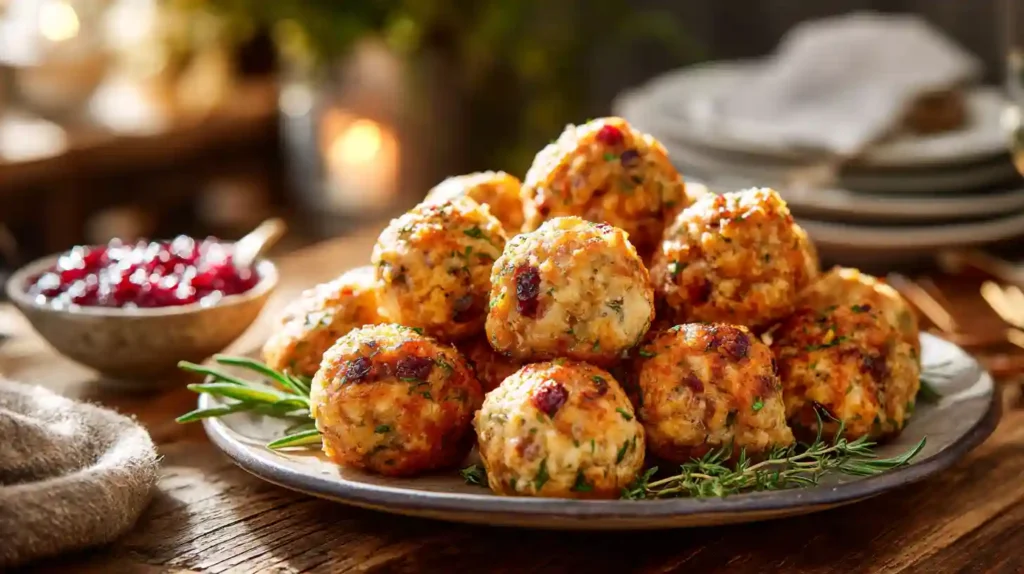 Golden cranberry turkey stuffing balls served on a platter with herbs and cranberry sauce.