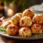 Golden cranberry turkey stuffing balls served on a platter with herbs and cranberry sauce.