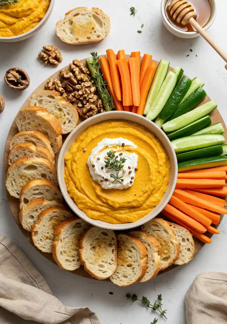 Fall Appetizer Board with Pumpkin Feta Dip Appetizer board with whipped feta, crackers, and bread