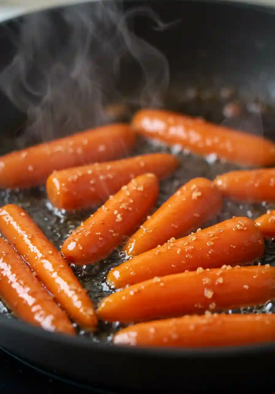 Glazed Carrots Cooking on Stovetop Carrots simmering in a skillet with butter and brown sugar bubbling into a glaze.