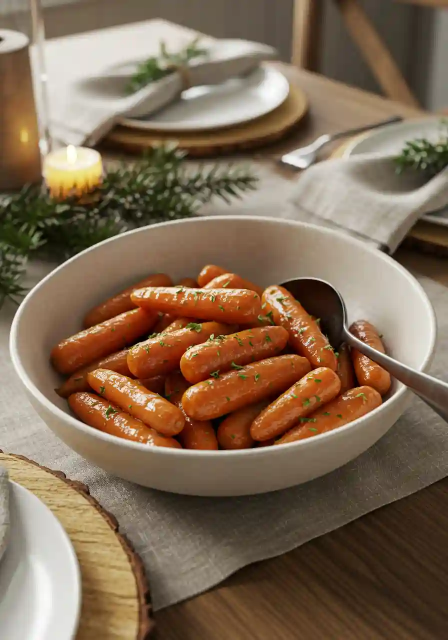 Glazed Carrots Holiday Serving A serving bowl of glazed carrots on a holiday table with parsley garnish.