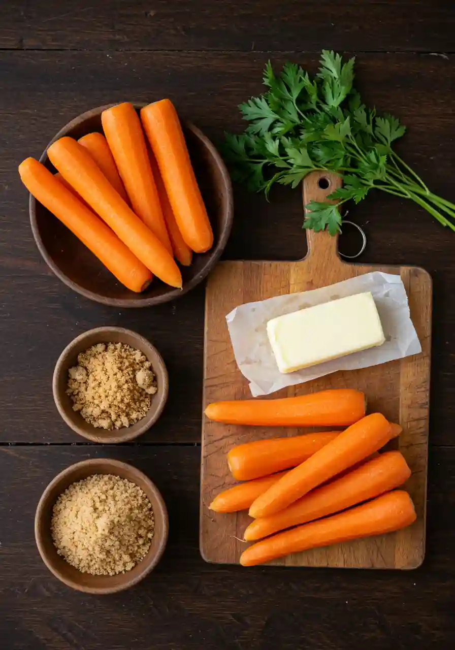 Glazed Carrots Ingredients Flatlay Ingredients for glazed carrots on a wooden table: carrots, butter, brown sugar, salt, parsley.