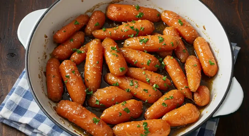 Glazed carrots in a skillet coated with butter and brown sugar glaze, sprinkled with parsley.