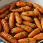 Glazed carrots in a skillet coated with butter and brown sugar glaze, sprinkled with parsley.