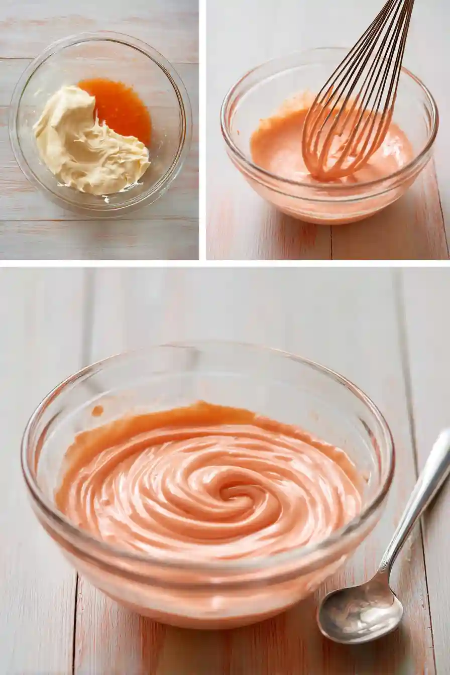 How to Make Bang Bang Sauce 3-Step Composite Three-step composite showing Bang Bang Sauce ingredients, whisking, and final creamy sauce