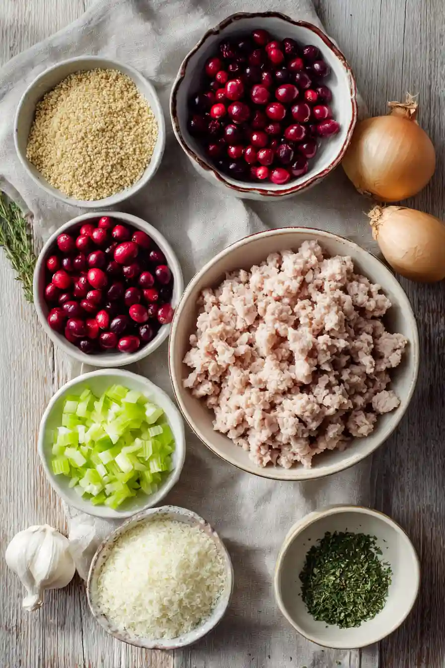 Ingredients for Cranberry Turkey Stuffing Balls Recipe Flatlay of ingredients for cranberry turkey stuffing balls including ground turkey, cranberries, herbs, onion, and breadcrumbs.
