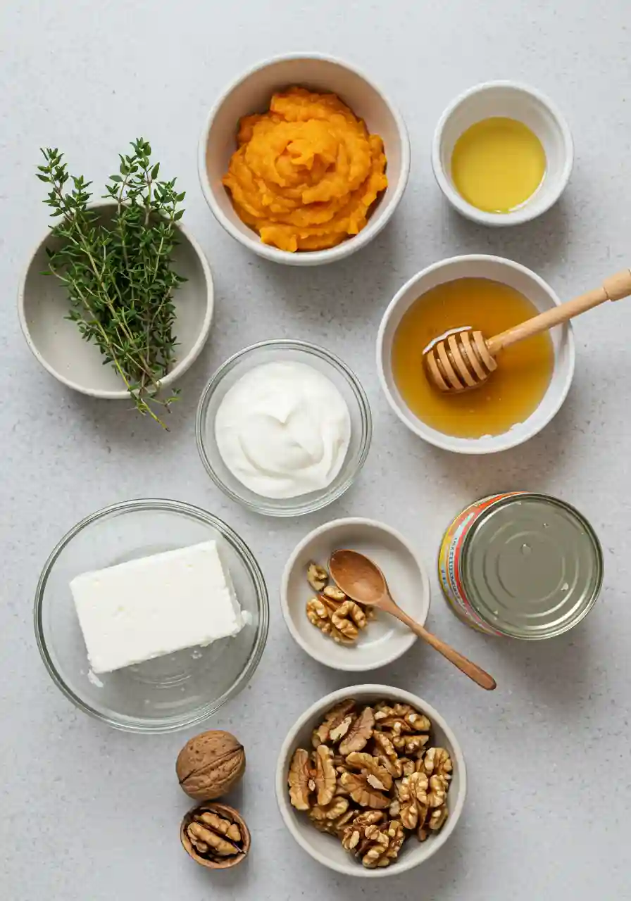 Ingredients for Pumpkin Whipped Feta Dip Flatlay of pumpkin feta dip ingredients on countertop