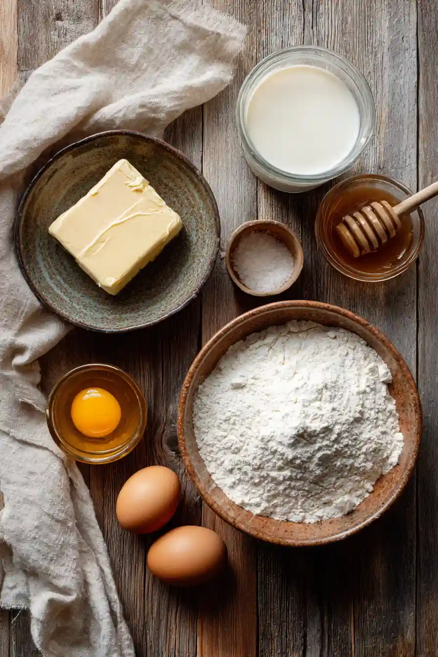 Ingredients for Texas Roadhouse Rolls Overhead flatlay of milk, flour, butter, honey, yeast, and egg on a wooden table.