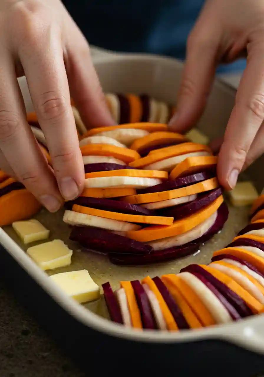 Layering Vegetables for Gratin Hands layering thin slices of sweet potatoes, parsnips, and beets in a buttered baking dish.