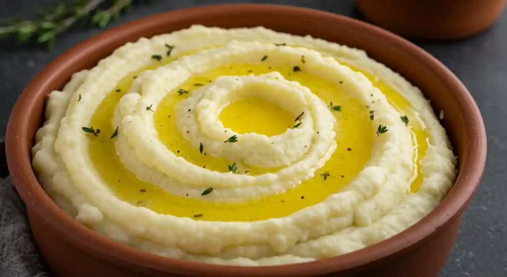 Creamy mashed potatoes swirled with melted butter and sprinkled with herbs in a rustic bowl